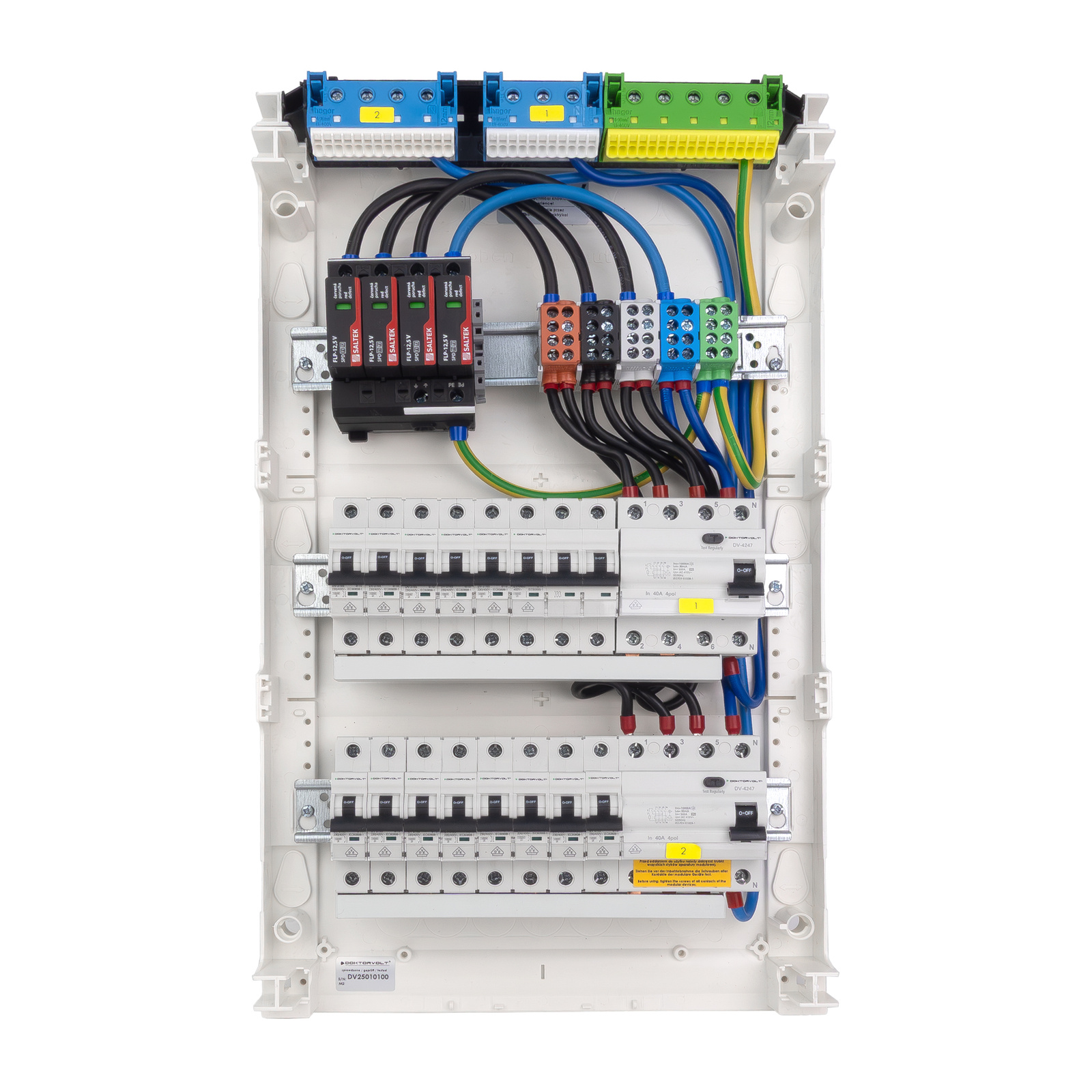 Rozdzielnica modułowa natynkowa 3x12 zabezpieczona 14xMCB 2xRCCB VDE ogranicznik przepięć Saltek okablowana skrzynka elektryczna Hager 515x305x96,5mm zaciski rozgałęźne L1, L2, L3, N, PE Doktorvolt DV-6340-NT