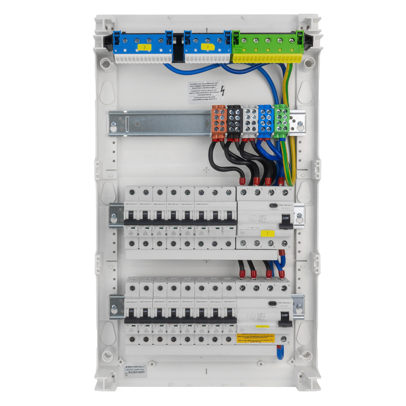 Rozdzielnica modułowa natynkowa 3x12 zabezpieczona 14xMCB 2xRCCB VDE ogranicznik okablowana skrzynka elektryczna Hager 515x305x96,5mm zaciski rozgałęźne L1, L2, L3, N, PE Doktorvolt DV-6333-NT