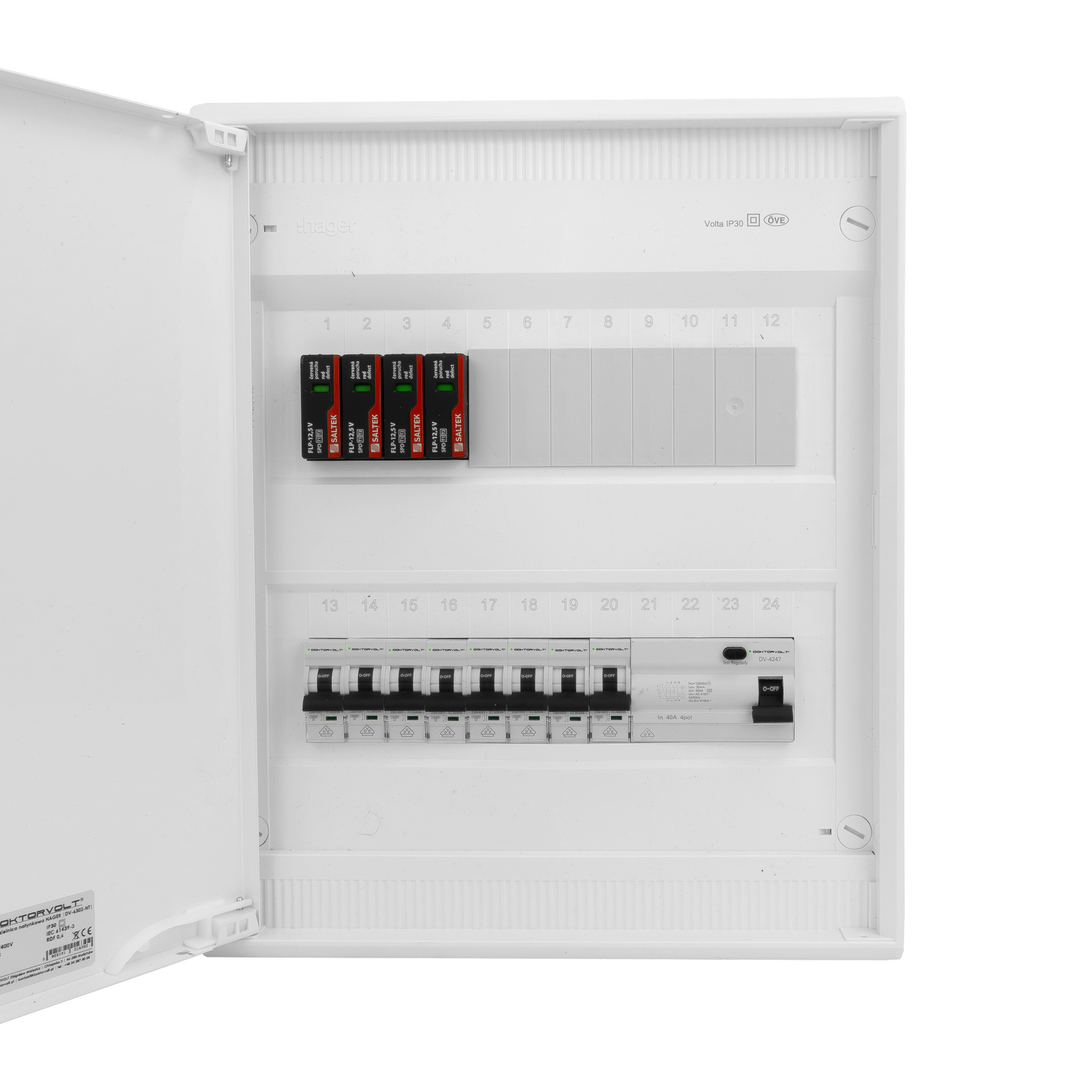 Rozdzielnica modułowa natynkowa 2x12 zabezpieczona 8xMCB 1xRCCB VDE ogranicznik przepięć Saltek okablowana skrzynka elektryczna Hager 370x305x96,5mm zaciski rozgałęźne L1, L2, L3, N, PE Doktorvolt DV-6302-NT - obrazek 3