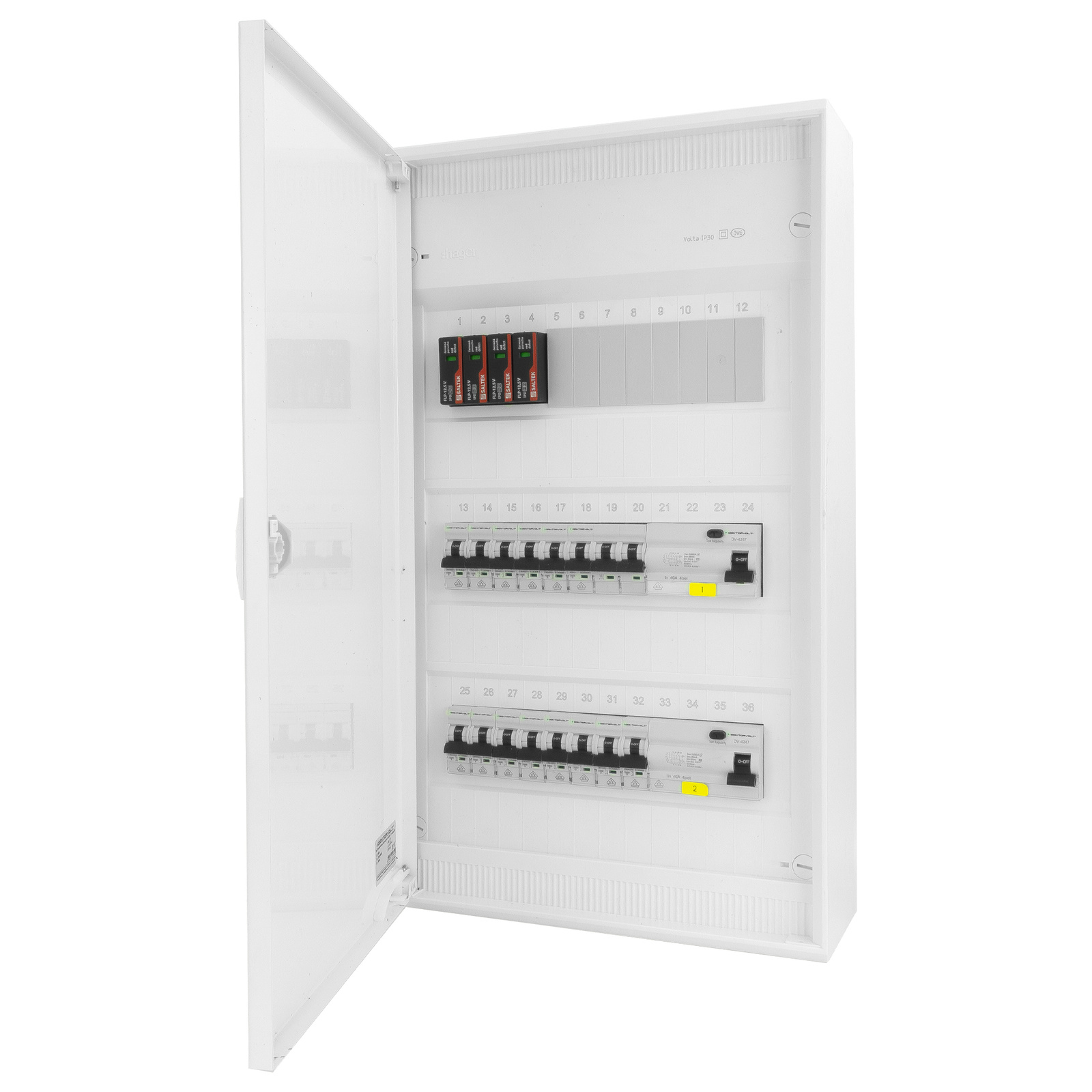Rozdzielnica modułowa natynkowa 3x12 zabezpieczona 14xMCB 2xRCCB VDE ogranicznik przepięć Saltek okablowana skrzynka elektryczna Hager 515x305x96,5mm zaciski rozgałęźne L1, L2, L3, N, PE Doktorvolt DV-6340-NT - obrazek 3
