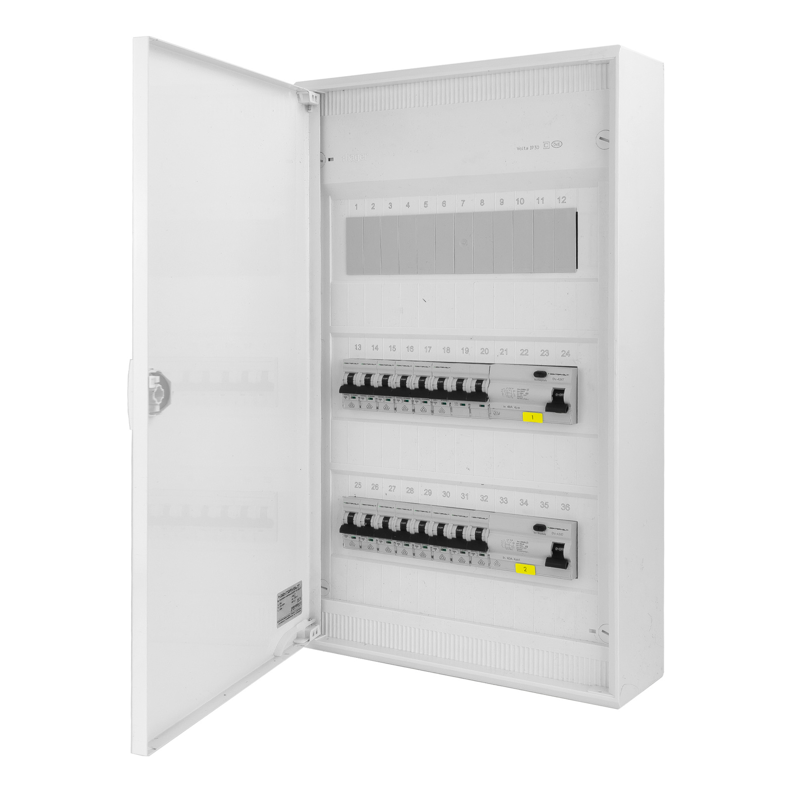 Rozdzielnica modułowa natynkowa 3x12 zabezpieczona 14xMCB 2xRCCB VDE ogranicznik okablowana skrzynka elektryczna Hager 515x305x96,5mm zaciski rozgałęźne L1, L2, L3, N, PE Doktorvolt DV-6333-NT - obrazek 3