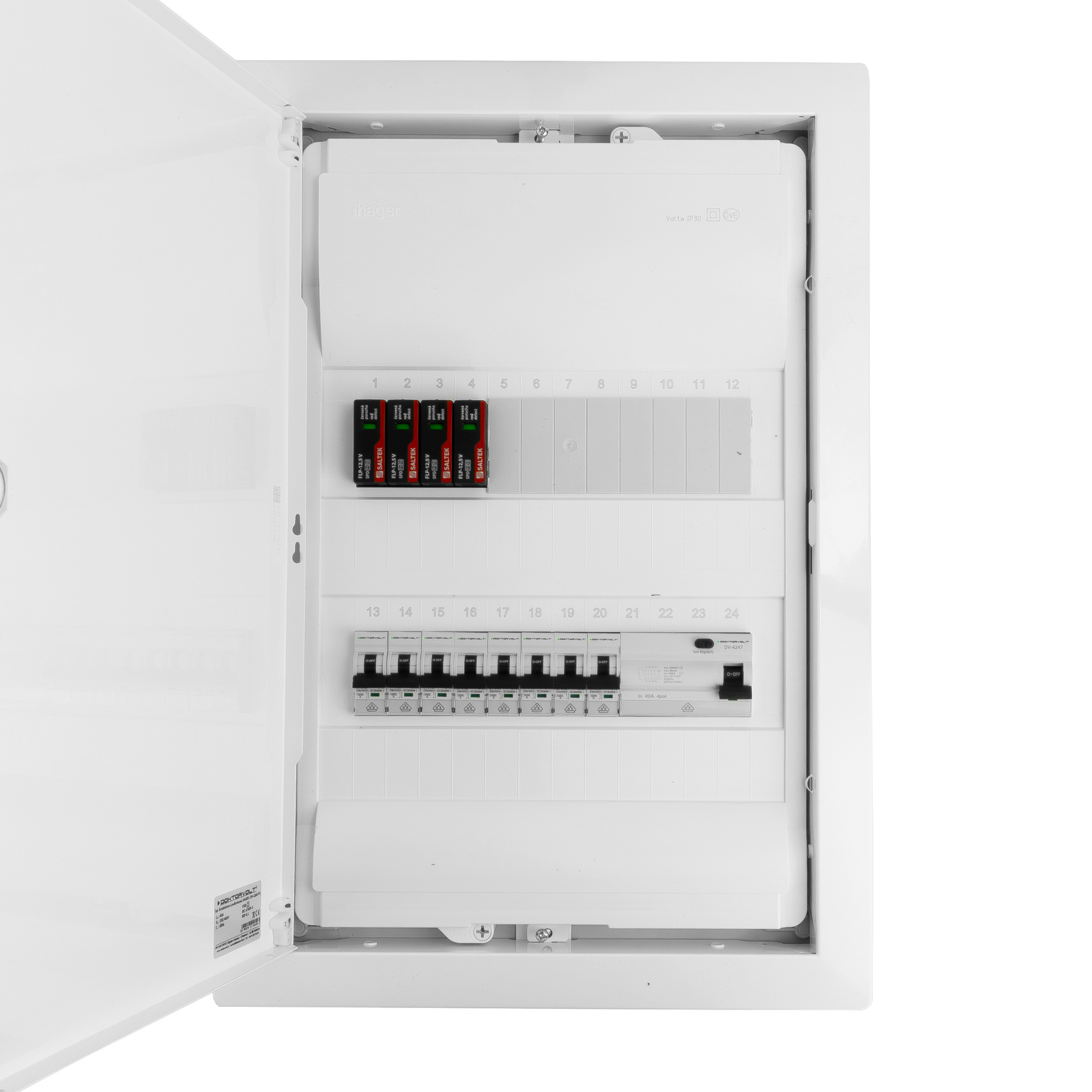 Sicherungskasten Unterputz Verteilerkasten 2-reihig 24 Module 8xMCB 1xRCCB VDE Saltek Überspannungsschutz Unterverteilung verdrahtet Verteilerschrank mit Sicherungen 505,50x348x98mm Hager Hohlwand Verteiler Abzweigklemmen Doktorvolt DV-6203-PT – Bild 3