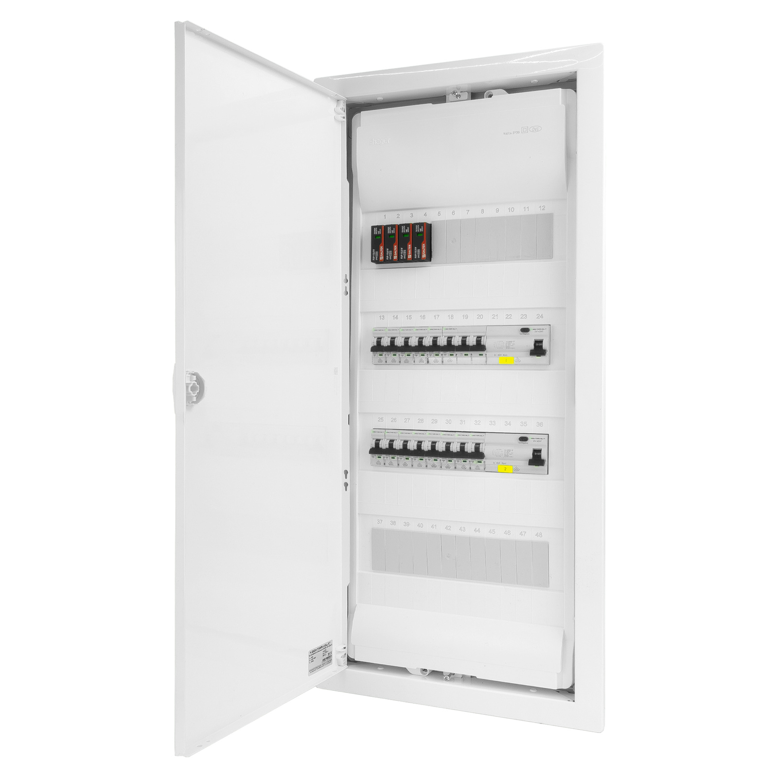 Sicherungskasten Unterputz Verteilerkasten 4-reihig 48 Module 14xMCB 2xRCCB VDE Saltek Überspannungsschutz Unterverteilung verdrahtet Verteilerschrank mit Sicherungen 755,50 x348x98mm Hager Hohlwand Verteiler Abzweigklemmen Doktorvolt DV-6258-PT – Bild 3