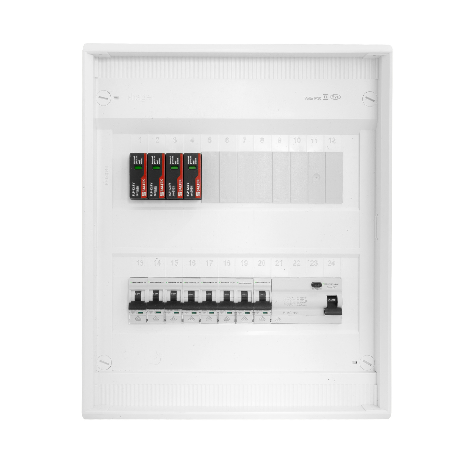Rozdzielnica modułowa natynkowa 2x12 zabezpieczona 8xMCB 1xRCCB VDE ogranicznik przepięć Saltek okablowana skrzynka elektryczna Hager 370x305x96,5mm zaciski rozgałęźne L1, L2, L3, N, PE Doktorvolt DV-6302-NT - obrazek 4
