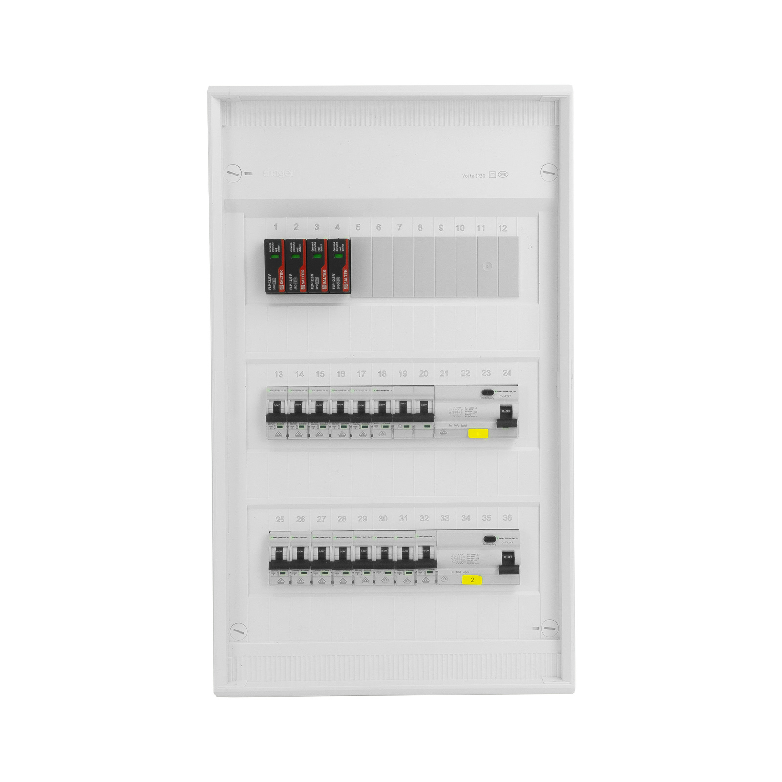Rozdzielnica modułowa natynkowa 3x12 zabezpieczona 14xMCB 2xRCCB VDE ogranicznik przepięć Saltek okablowana skrzynka elektryczna Hager 515x305x96,5mm zaciski rozgałęźne L1, L2, L3, N, PE Doktorvolt DV-6340-NT - obrazek 4