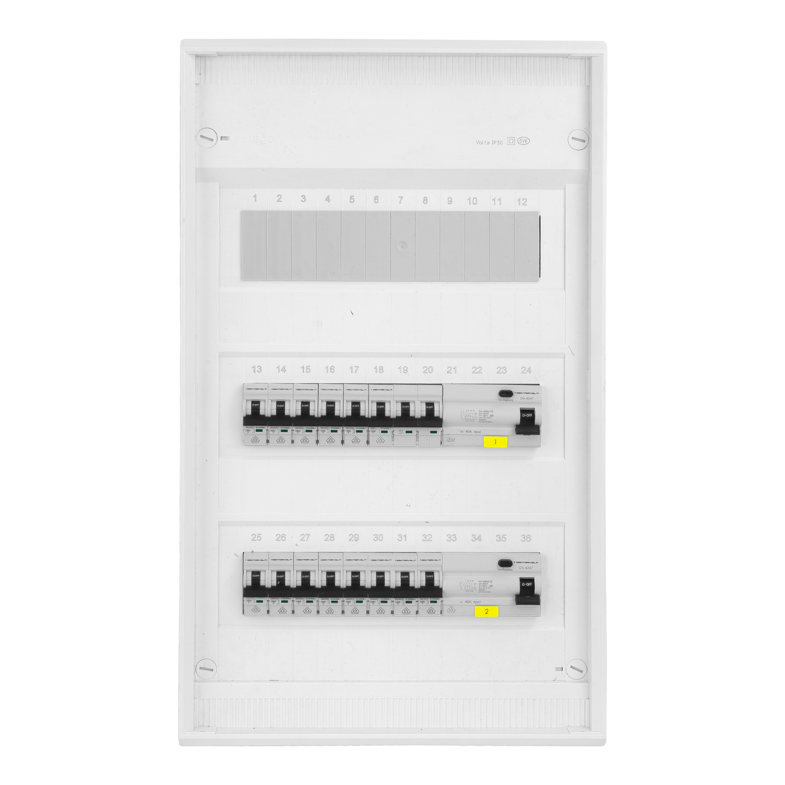 Rozdzielnica modułowa natynkowa 3x12 zabezpieczona 14xMCB 2xRCCB VDE ogranicznik okablowana skrzynka elektryczna Hager 515x305x96,5mm zaciski rozgałęźne L1, L2, L3, N, PE Doktorvolt DV-6333-NT - obrazek 4