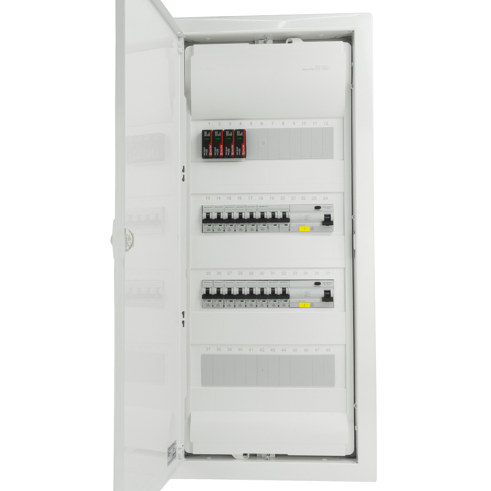 Sicherungskasten Unterputz Verteilerkasten 4-reihig 48 Module 14xMCB 2xRCCB VDE Saltek Überspannungsschutz Unterverteilung verdrahtet Verteilerschrank mit Sicherungen 755,50 x348x98mm Hager Hohlwand Verteiler Abzweigklemmen Doktorvolt DV-6258-PT – Bild 4