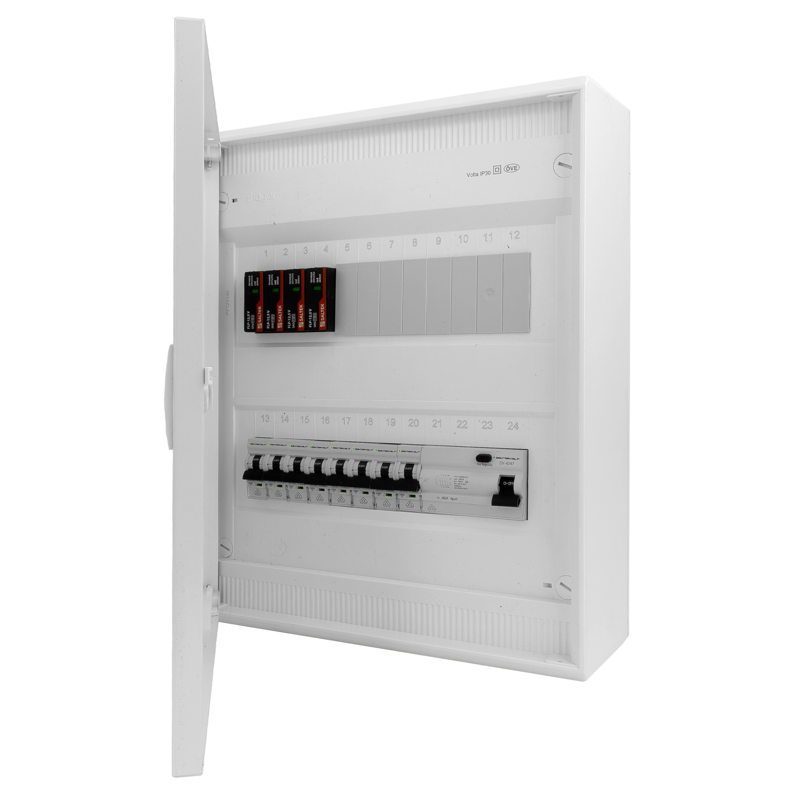 Rozdzielnica modułowa natynkowa 2x12 zabezpieczona 8xMCB 1xRCCB VDE ogranicznik przepięć Saltek okablowana skrzynka elektryczna Hager 370x305x96,5mm zaciski rozgałęźne L1, L2, L3, N, PE Doktorvolt DV-6302-NT - obrazek 7