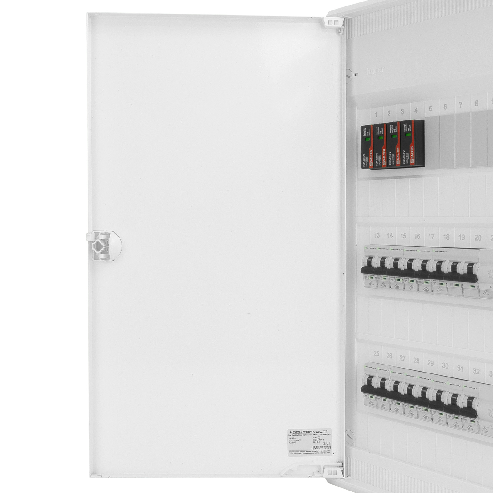 Rozdzielnica modułowa natynkowa 3x12 zabezpieczona 14xMCB 2xRCCB VDE ogranicznik przepięć Saltek okablowana skrzynka elektryczna Hager 515x305x96,5mm zaciski rozgałęźne L1, L2, L3, N, PE Doktorvolt DV-6340-NT - obrazek 9