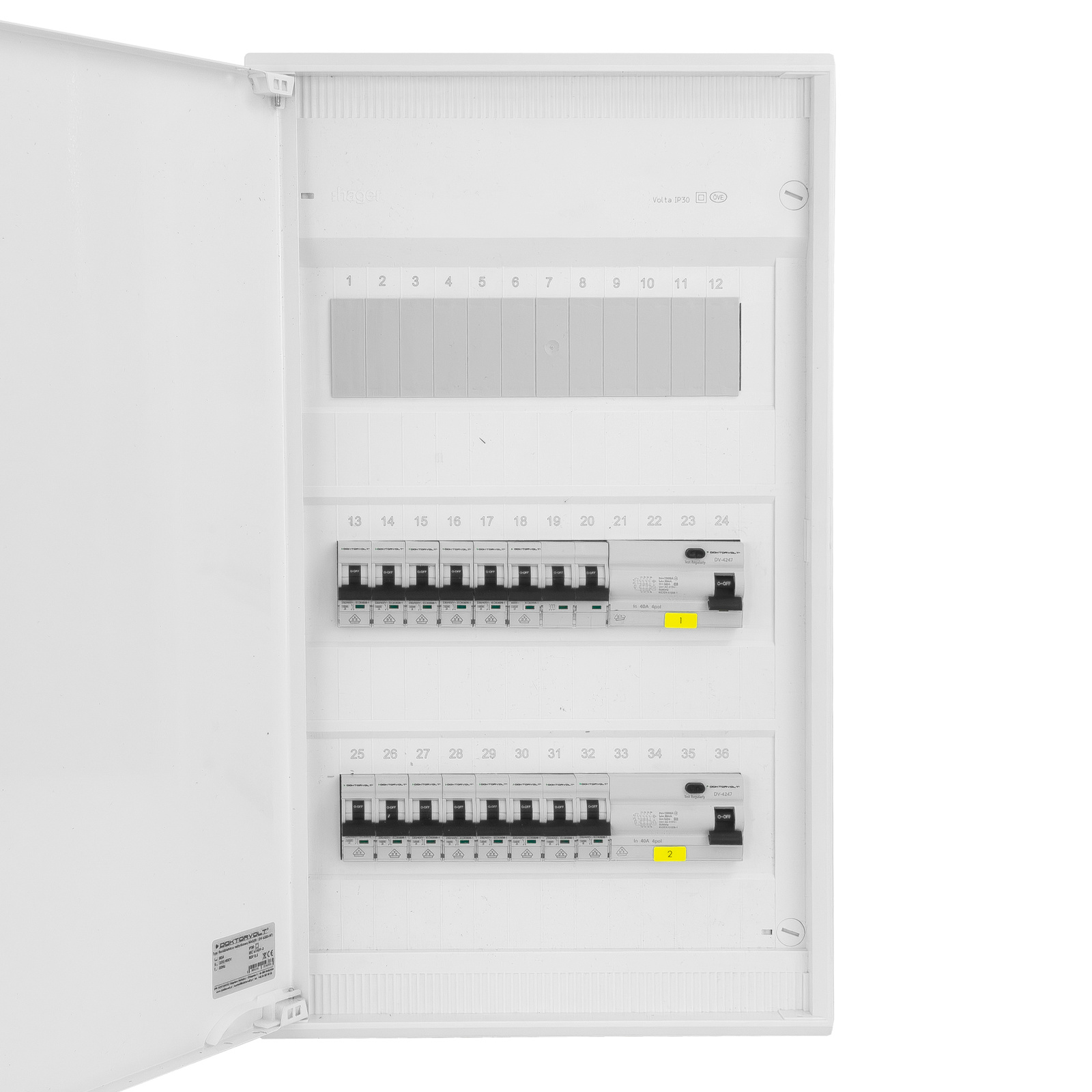 Rozdzielnica modułowa natynkowa 3x12 zabezpieczona 14xMCB 2xRCCB VDE ogranicznik okablowana skrzynka elektryczna Hager 515x305x96,5mm zaciski rozgałęźne L1, L2, L3, N, PE Doktorvolt DV-6333-NT - obrazek 9