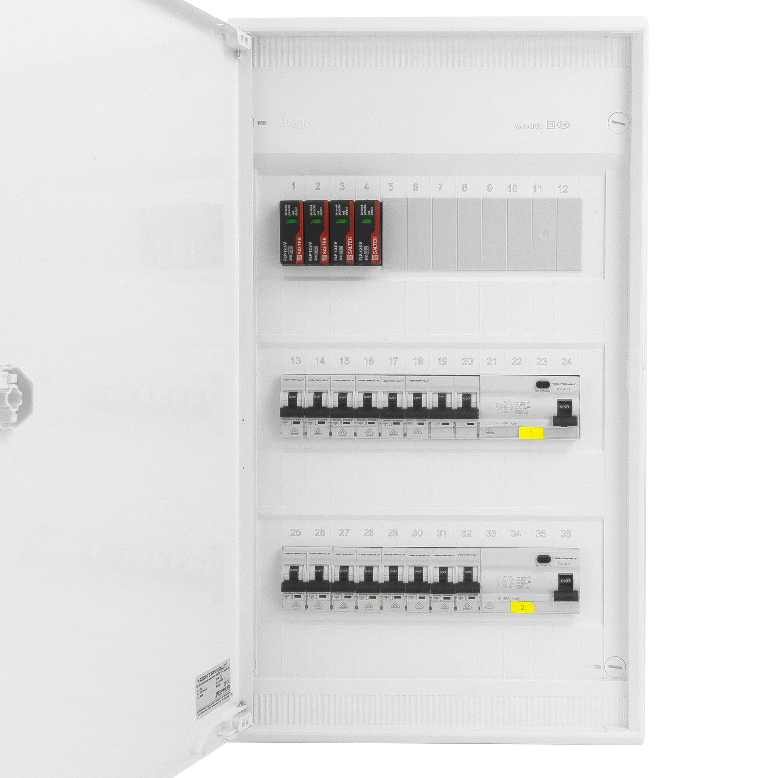 Rozdzielnica modułowa natynkowa 3x12 zabezpieczona 14xMCB 2xRCCB VDE ogranicznik przepięć Saltek okablowana skrzynka elektryczna Hager 515x305x96,5mm zaciski rozgałęźne L1, L2, L3, N, PE Doktorvolt DV-6340-NT - obrazek 10