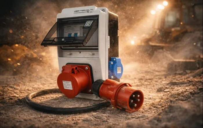 Compact XS construction distribution box Doktorvolt® with CEE 400V and 230V sockets on a construction site, connected to a power cable in demanding working conditions.