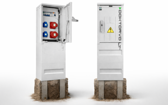 BV series freestanding outdoor electrical distribution box on foundation providing 230V and 400V power for garden, construction site and workshop