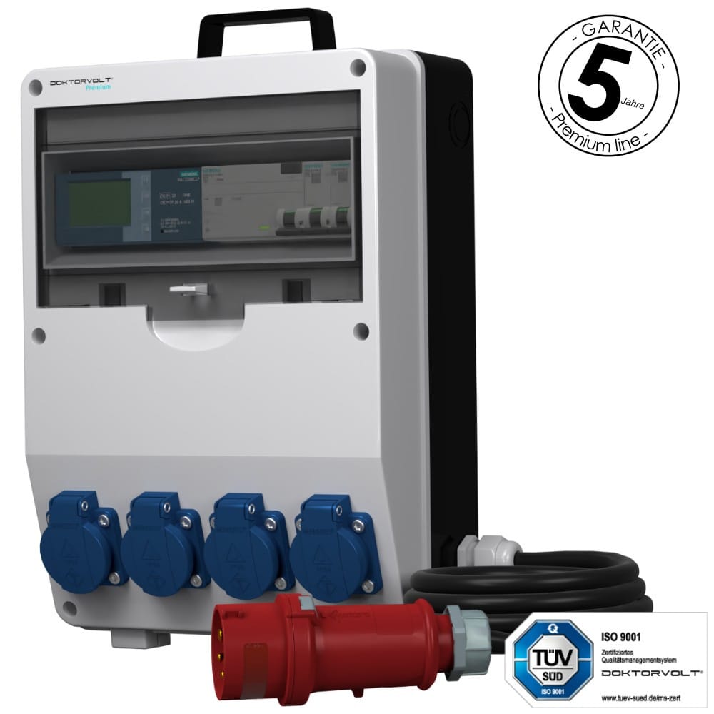 Baustromverteiler pTD-S/FI mit Schutz 4x230V mit Energiezähler EEG Siemens 5x2,5mm² Kabel und Tragegriff Doktorvolt DV-6061-D