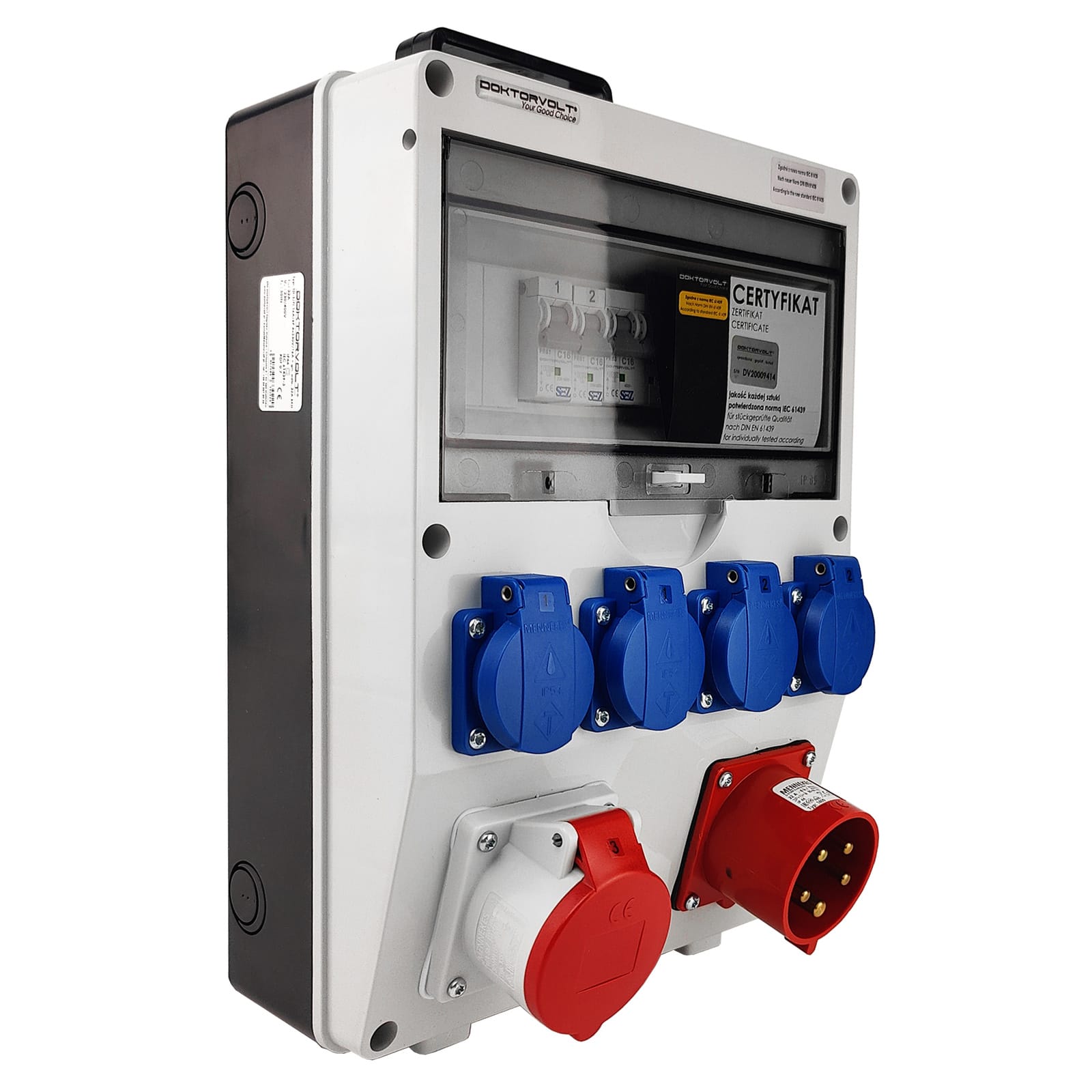 Baustromverteiler 1x16A 4x230V 32A mit Griff und Anbaustecker Stromverteiler Doktorvolt TD-S/FI DV-0229-D