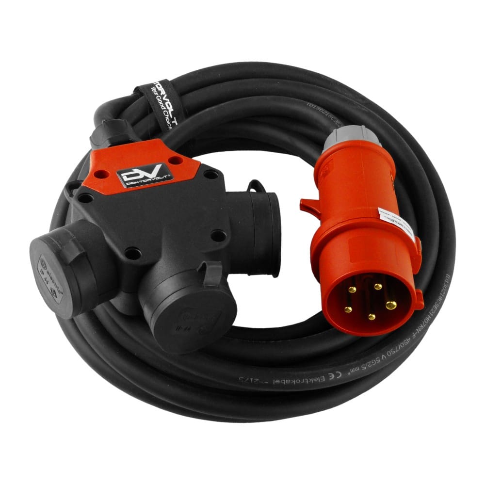 Przedłużacz trójdrożny 5m przejściówka 16A/5P na 3x230V Schuko budowlany kabel przedłużający Doktorvolt® 6480