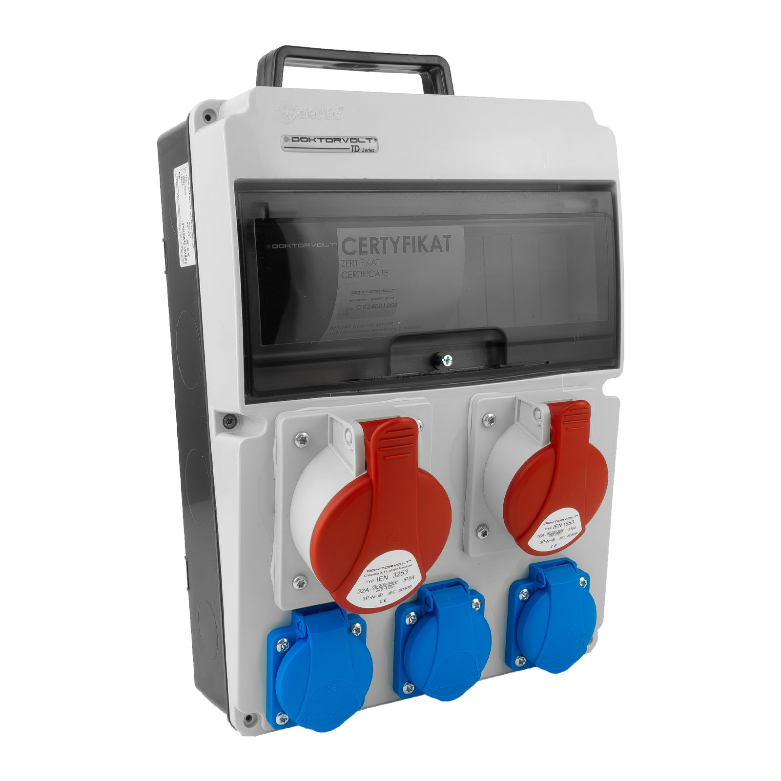 Rozdzielnica budowlana 16A 32A CEE 2x230V erbetka z uchwytem Doktorvolt CAS DV-8102-F