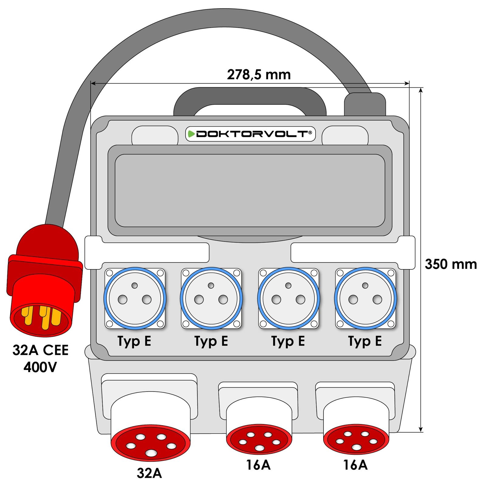 Baustromverteiler 2x16A 32A CEE 4x230V Mobilverteiler mit Griff und Kabel mit 32A CEE-Stecker Stromverteiler Doktorvolt DV-1437-F – Bild 3