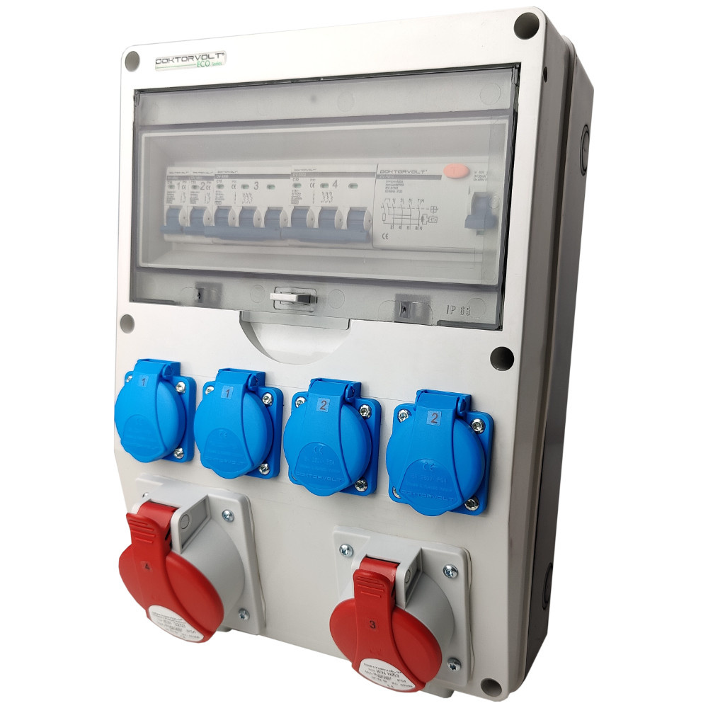 Baustromverteiler 32A 16A gesicherter Stromverteiler 4x230V IP44 DOKTORVOLT DV-S/FI DV-9918-F