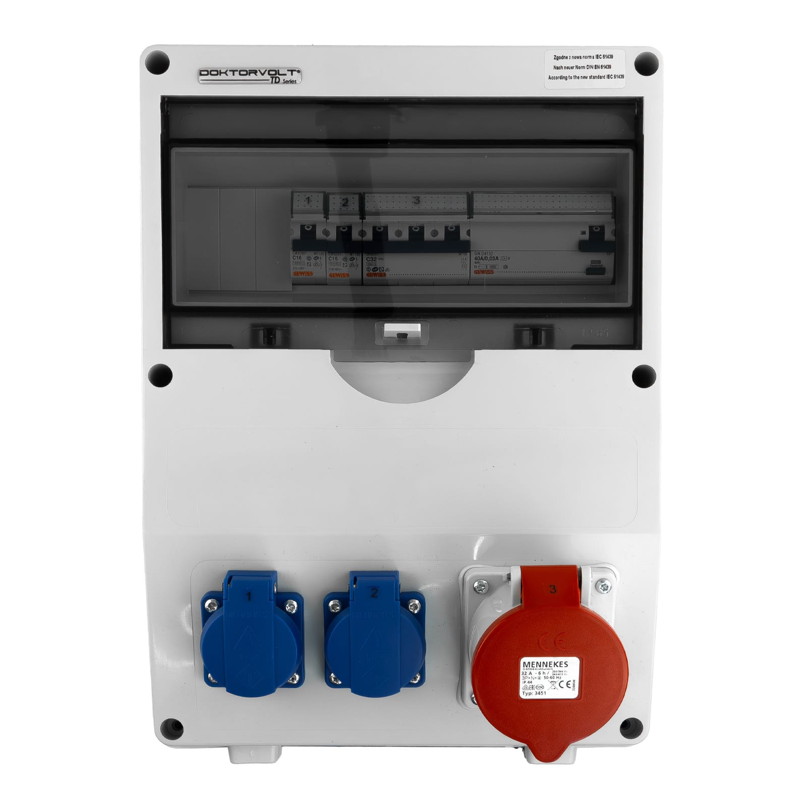 Baustromverteiler TD-S/FI 32A Leitungsschutzschalter 2x230V Stromverteiler Komplett Schuko Doktorvolt DV-6725-D