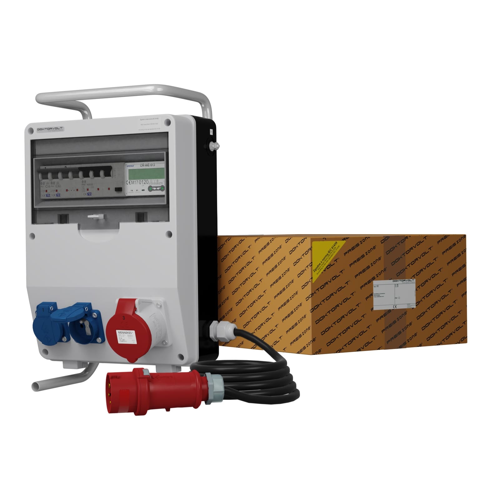 Rozdzielnica budowlana na stojaku z kablem i licznikiem 3F TD-S/FI SKHU 32A 2x230V Doktorvolt DV-0502-F