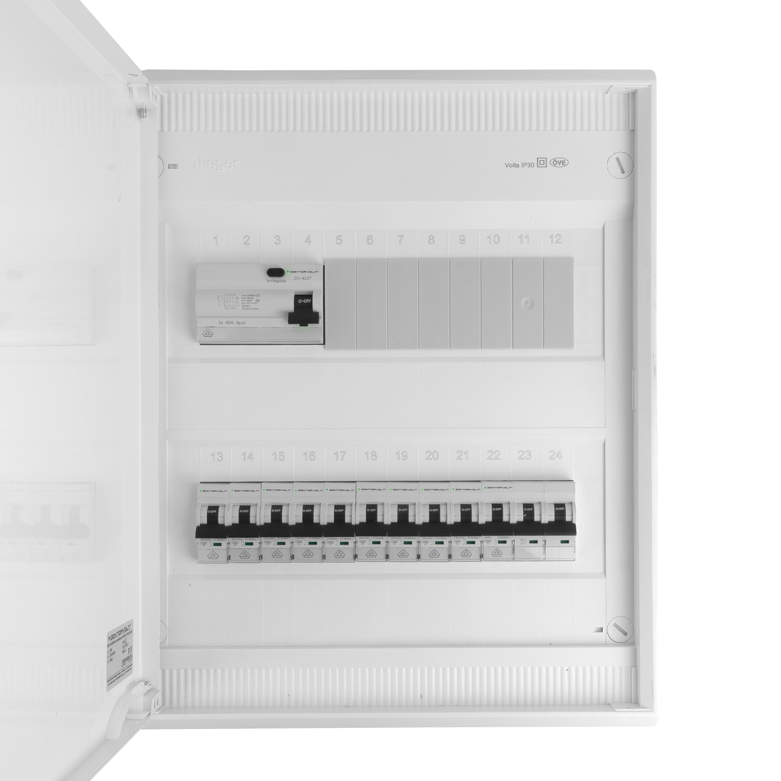Rozdzielnica modułowa natynkowa 2x12 zabezpieczona 10xMCB 1xRCCB VDE okablowana skrzynka elektryczna Hager 370x305x96,5mm zaciski rozgałęźne L1, L2, L3, N, PE Doktorvolt DV-6326-NT - obrazek 3