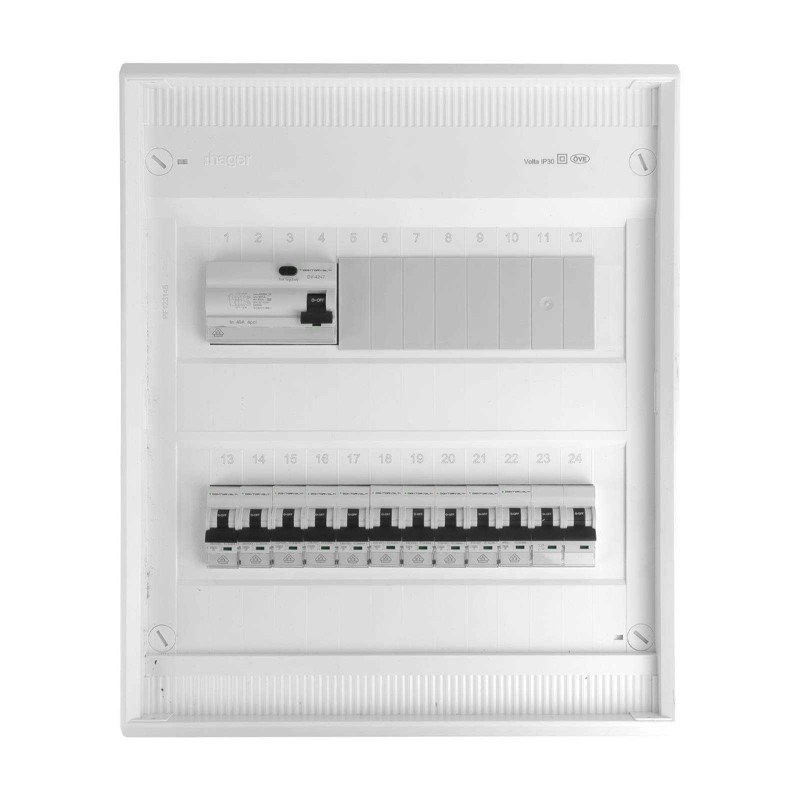 Rozdzielnica modułowa natynkowa 2x12 zabezpieczona 10xMCB 1xRCCB VDE okablowana skrzynka elektryczna Hager 370x305x96,5mm zaciski rozgałęźne L1, L2, L3, N, PE Doktorvolt DV-6326-NT - obrazek 4
