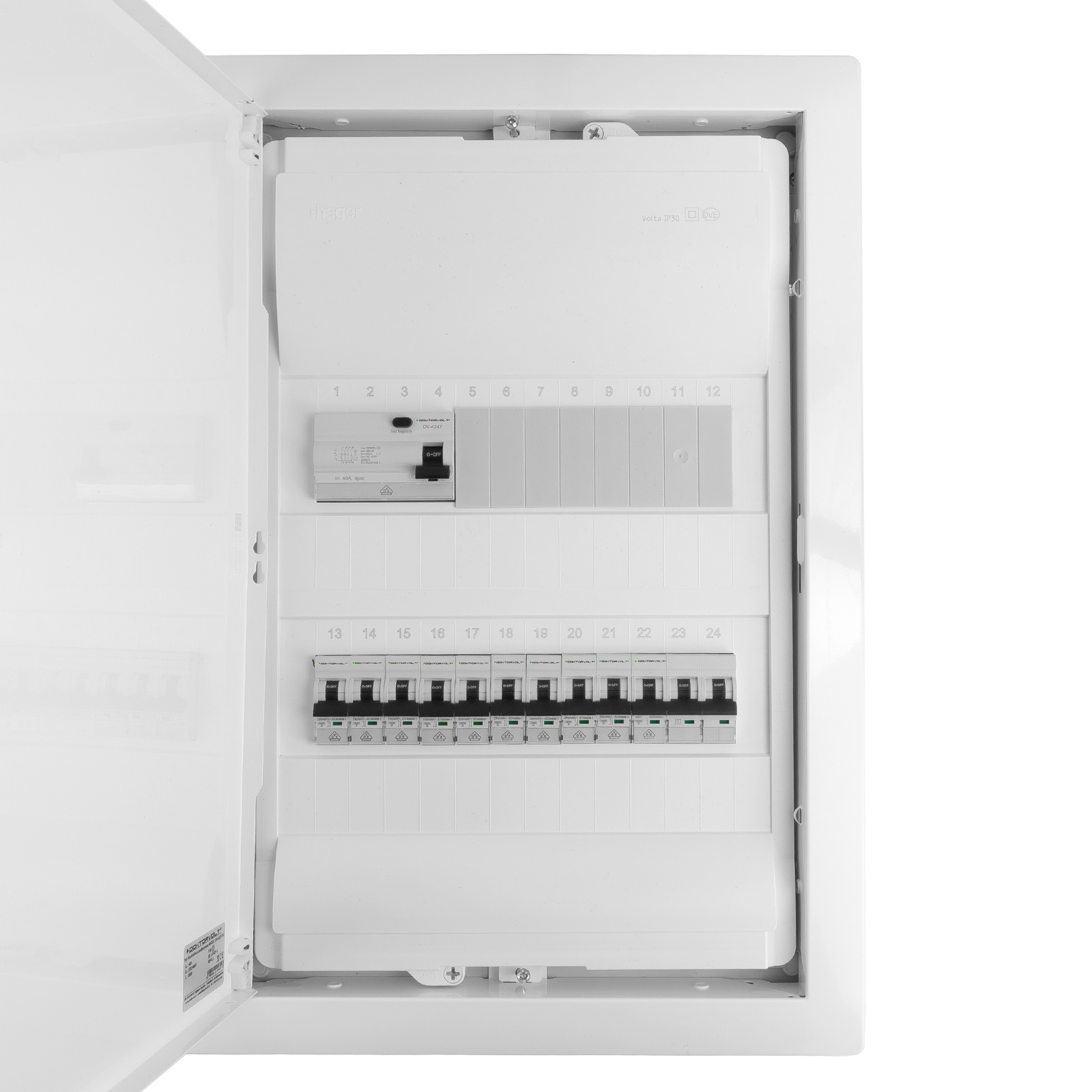 Sicherungskasten Unterputz Verteilerkasten 2-reihig 24 Module 10xMCB 1xRCCB VDE Unterverteilung verdrahtet Verteilerschrank mit Sicherungen 505,50x348x98mm Hager Hohlwand Verteiler Abzweigklemmen L1, L2, L3, N, PE Doktorvolt DV-6227-PT – Bild 2