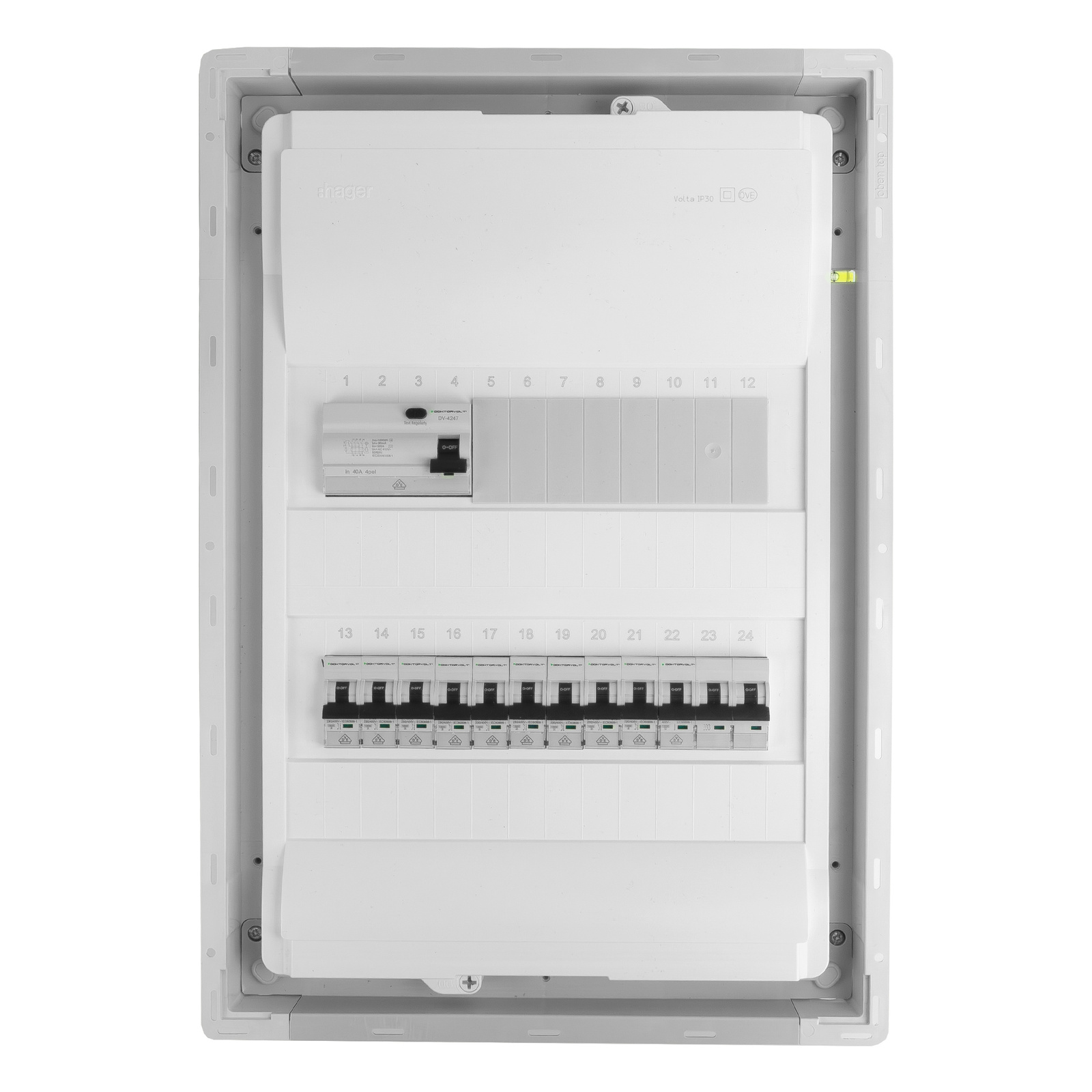 Sicherungskasten Unterputz Verteilerkasten 2-reihig 24 Module 10xMCB 1xRCCB VDE Unterverteilung verdrahtet Verteilerschrank mit Sicherungen 505,50x348x98mm Hager Hohlwand Verteiler Abzweigklemmen L1, L2, L3, N, PE Doktorvolt DV-6227-PT – Bild 3