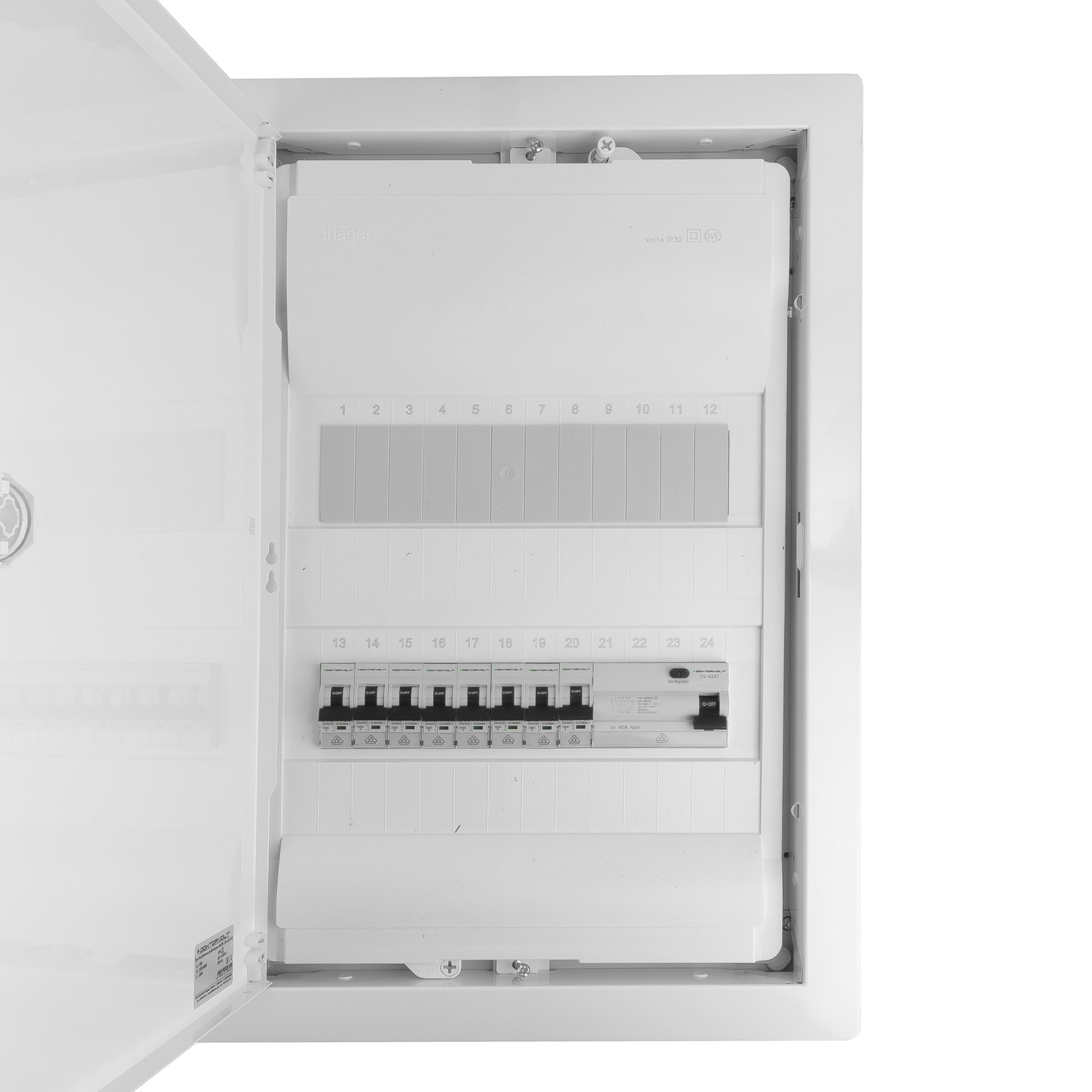 Rozdzielnica modułowa podtynkowa 2x12 zabezpieczona 8xMCB 1xRCCB VDE okablowana skrzynka elektryczna Hager 505,50x348x98mm zaciski rozgałęźne L1, L2, L3, N, PE Doktorvolt DV-6210-PT - obrazek 2