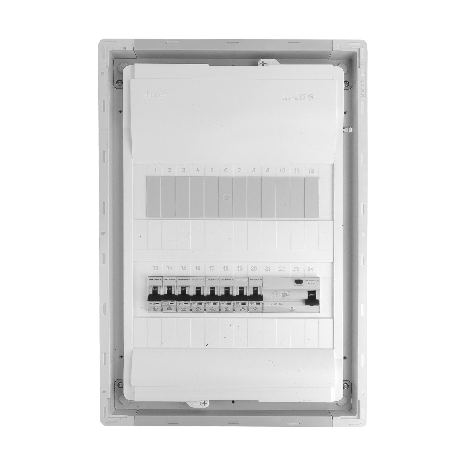 Rozdzielnica modułowa podtynkowa 2x12 zabezpieczona 8xMCB 1xRCCB VDE okablowana skrzynka elektryczna Hager 505,50x348x98mm zaciski rozgałęźne L1, L2, L3, N, PE Doktorvolt DV-6210-PT - obrazek 3