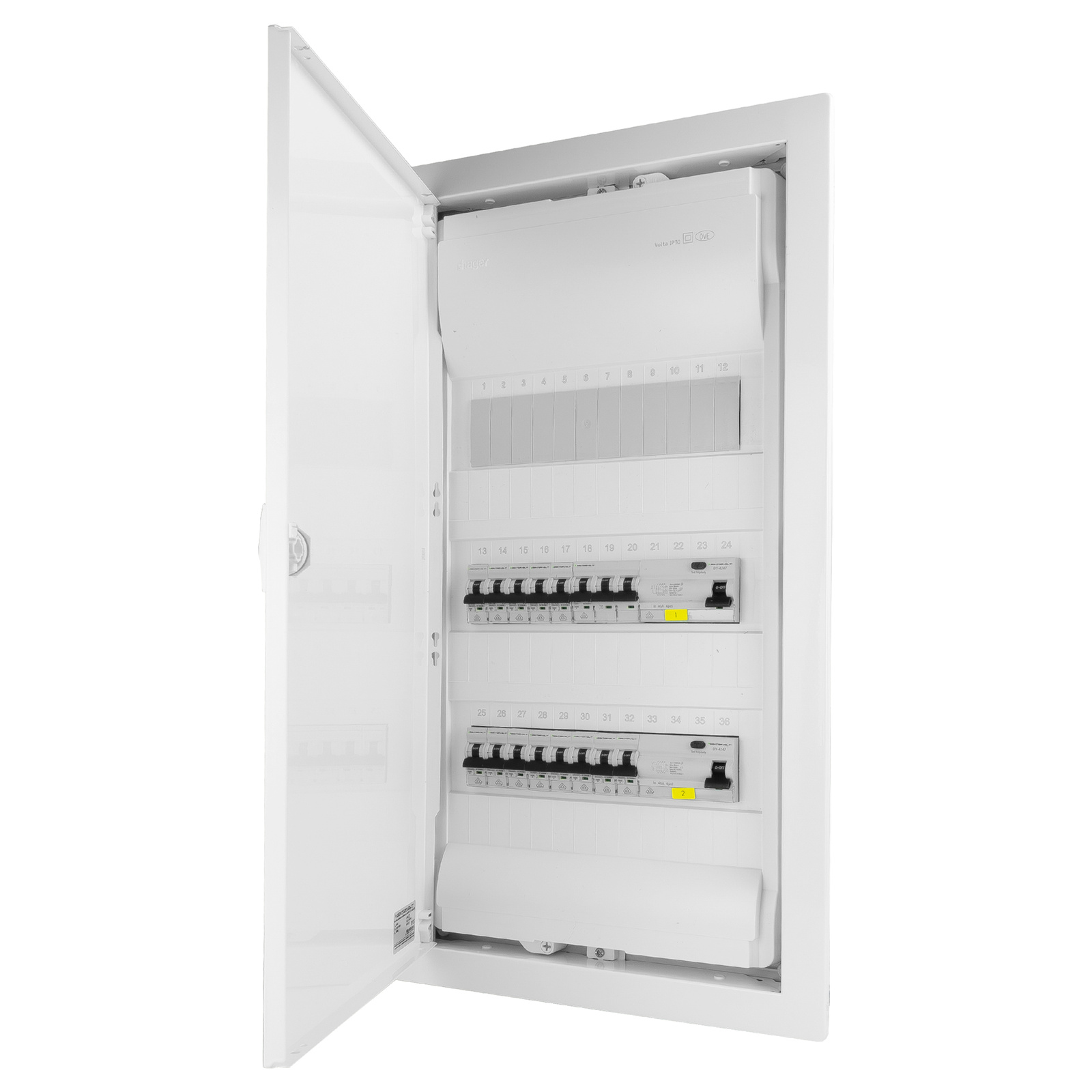 Rozdzielnica modułowa podtynkowa 3x12 zabezpieczona 14xMCB 1xRCCB VDE okablowana skrzynka elektryczna Hager 630,50x348x98mm zaciski rozgałęźne L1, L2, L3, N, PE Doktorvolt DV-6234-PT - obrazek 2