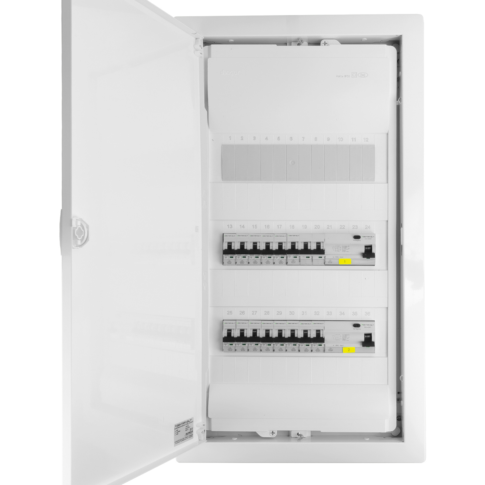 Rozdzielnica modułowa podtynkowa 3x12 zabezpieczona 14xMCB 1xRCCB VDE okablowana skrzynka elektryczna Hager 630,50x348x98mm zaciski rozgałęźne L1, L2, L3, N, PE Doktorvolt DV-6234-PT - obrazek 3