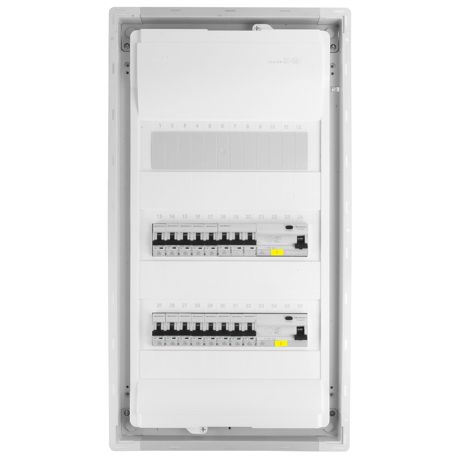 Rozdzielnica modułowa podtynkowa 3x12 zabezpieczona 14xMCB 1xRCCB VDE okablowana skrzynka elektryczna Hager 630,50x348x98mm zaciski rozgałęźne L1, L2, L3, N, PE Doktorvolt DV-6234-PT - obrazek 4