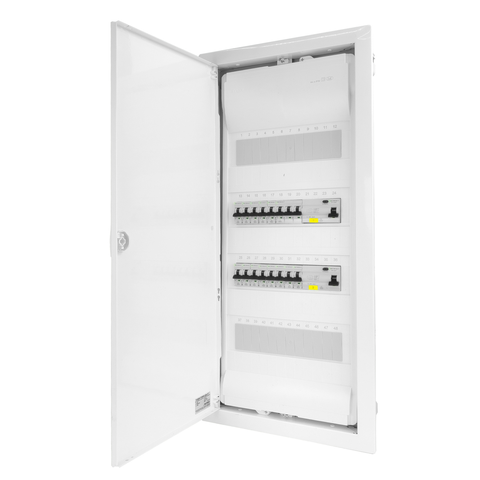 Rozdzielnica modułowa podtynkowa 4x12 zabezpieczona 14xMCB 2xRCCB VDE okablowana skrzynka elektryczna Hager 755,50 x348x98mm zaciski rozgałęźne L1, L2, L3, N, PE Doktorvolt DV-6265-PT - obrazek 2