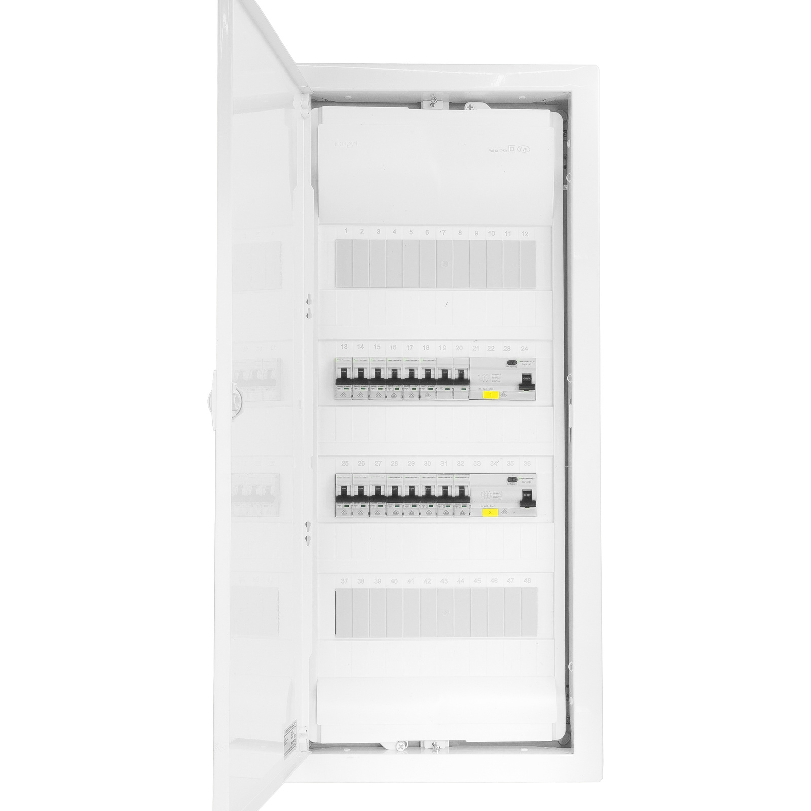 Rozdzielnica modułowa podtynkowa 4x12 zabezpieczona 14xMCB 2xRCCB VDE okablowana skrzynka elektryczna Hager 755,50 x348x98mm zaciski rozgałęźne L1, L2, L3, N, PE Doktorvolt DV-6265-PT - obrazek 4