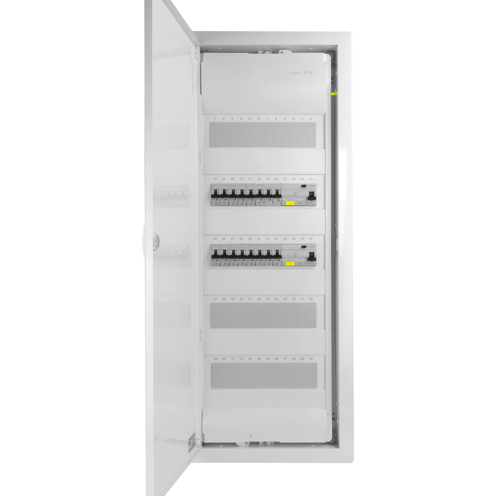 Rozdzielnica modułowa podtynkowa 5x12 zabezpieczona 14xMCB 2xRCCB VDE okablowana skrzynka elektryczna Hager 880,50x348x94,5mm zaciski rozgałęźne L1, L2, L3, N, PE Doktorvolt DV-6272-PT - obrazek 2