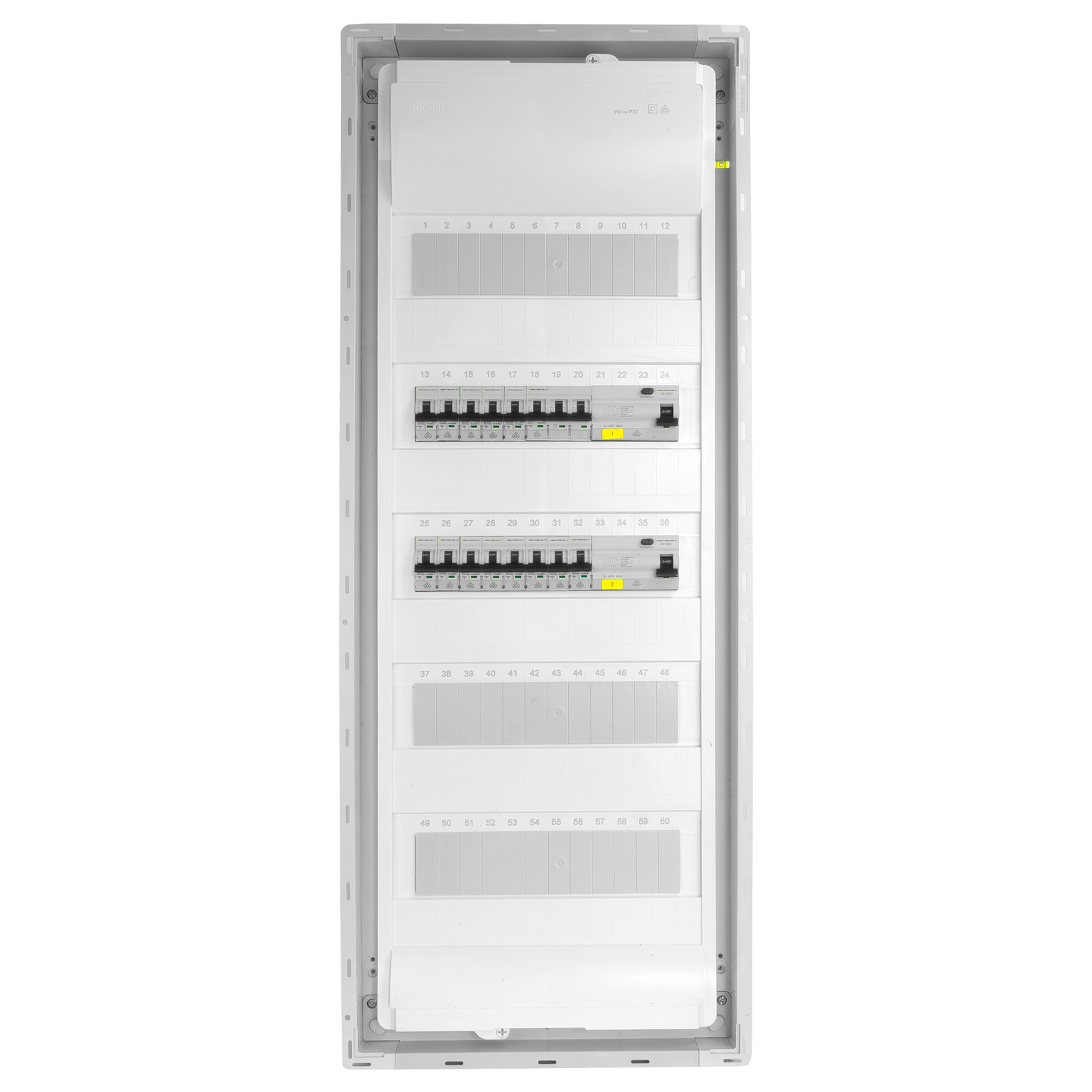 Rozdzielnica modułowa podtynkowa 5x12 zabezpieczona 14xMCB 2xRCCB VDE okablowana skrzynka elektryczna Hager 880,50x348x94,5mm zaciski rozgałęźne L1, L2, L3, N, PE Doktorvolt DV-6272-PT - obrazek 3