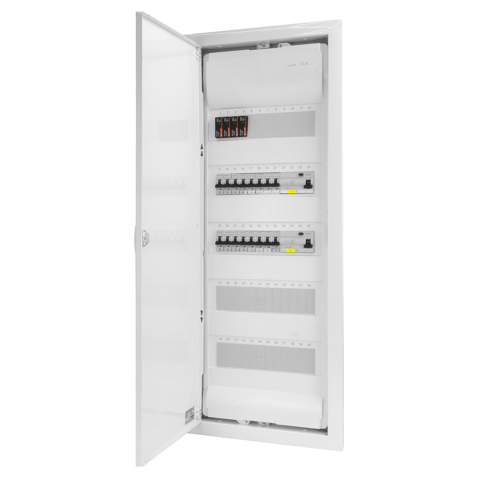 Sicherungskasten Unterputz Verteilerkasten 5-reihig 60 Module 14xMCB 2xRCCB VDE Saltek Überspannungsschutz Unterverteilung verdrahtet Verteilerschrank mit Sicherungen 880,50x348x94,5mm Hager Hohlwand Verteiler Abzweigklemmen Doktorvolt DV-6289-PT – Bild 2