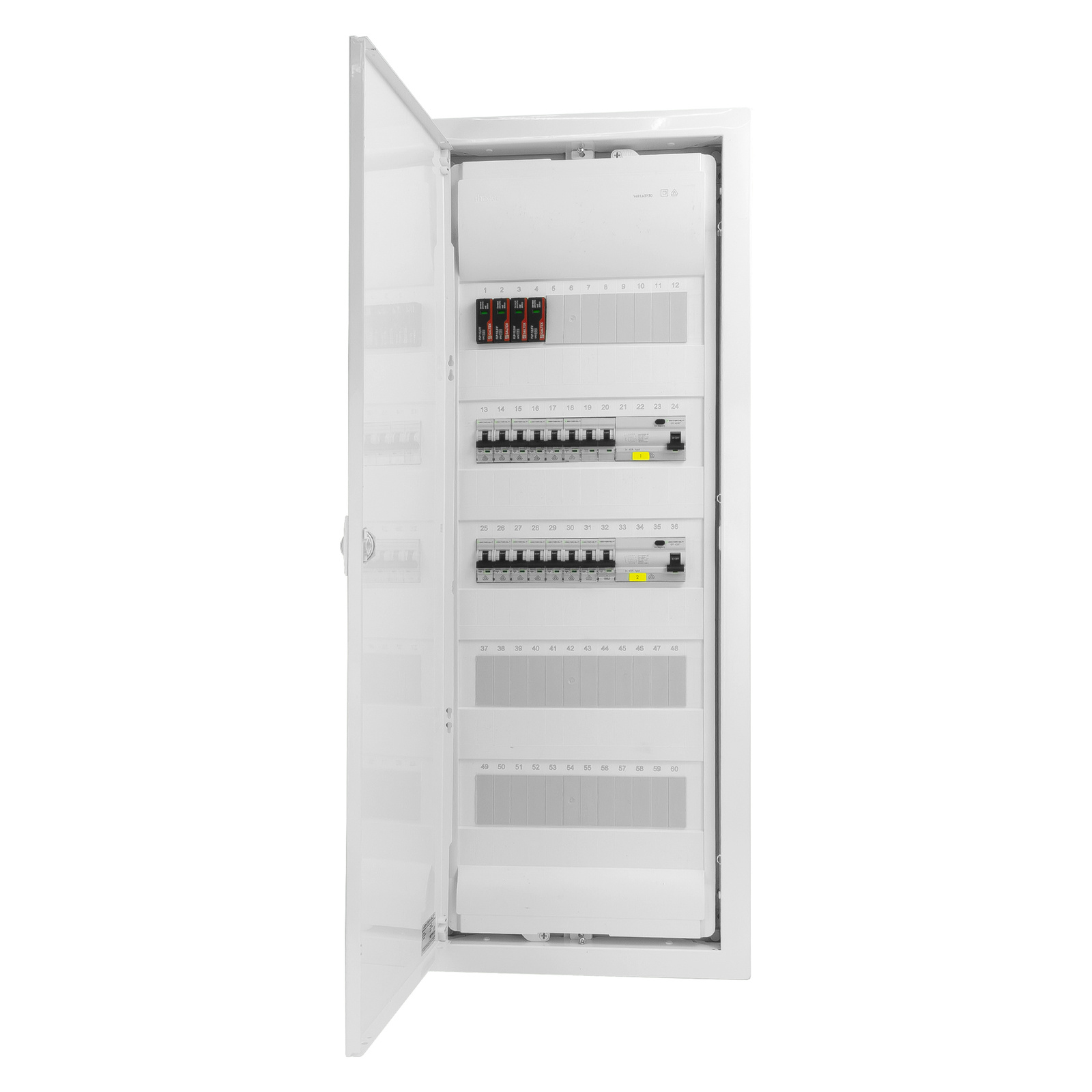 Sicherungskasten Unterputz Verteilerkasten 5-reihig 60 Module 14xMCB 2xRCCB VDE Saltek Überspannungsschutz Unterverteilung verdrahtet Verteilerschrank mit Sicherungen 880,50x348x94,5mm Hager Hohlwand Verteiler Abzweigklemmen Doktorvolt DV-6289-PT – Bild 3