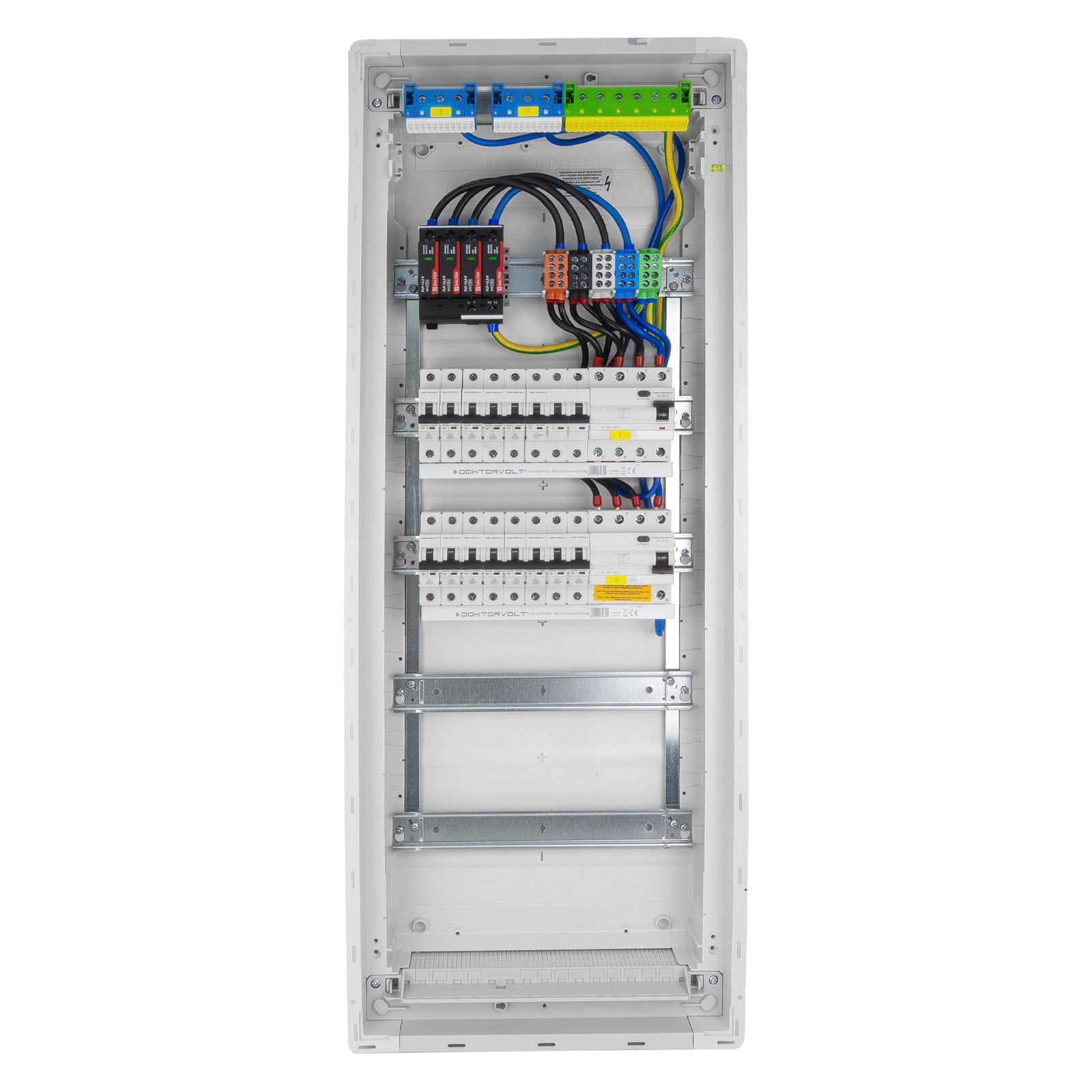 Sicherungskasten Unterputz Verteilerkasten 5-reihig 60 Module 14xMCB 2xRCCB VDE Saltek Überspannungsschutz Unterverteilung verdrahtet Verteilerschrank mit Sicherungen 880,50x348x94,5mm Hager Hohlwand Verteiler Abzweigklemmen Doktorvolt DV-6289-PT