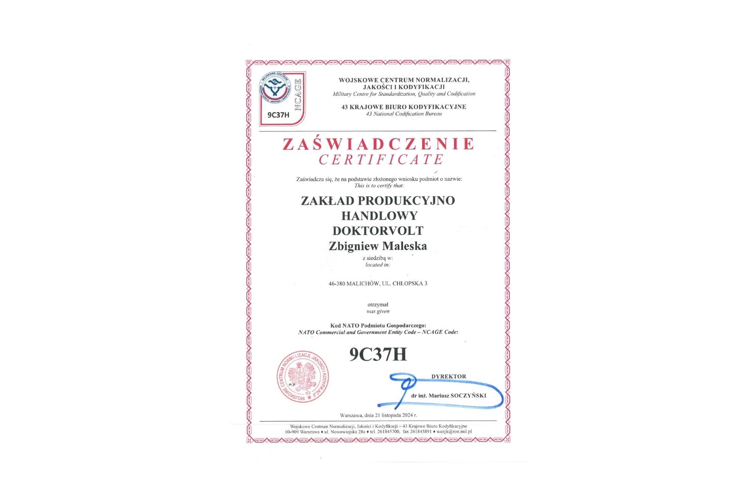 Certyfikat NATO (NCAGE 9C37H) dla Doktorvolt® wydany przez Wojskowe Centrum Normalizacji, Jakości i Kodyfikacji potwierdzający spełnienie standardów jakości i wiarygodności.