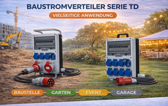 Baustromverteiler TD Serie mit 230V und 400V CEE Steckdosen im Außeneinsatz