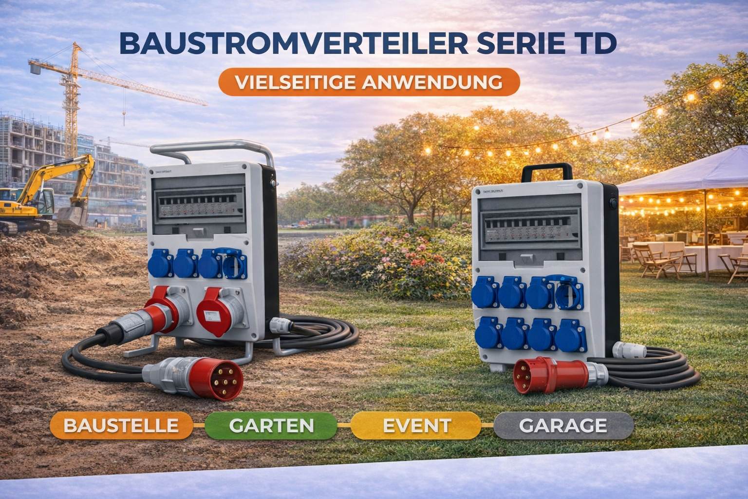 Baustromverteiler TD Serie mit 230V und 400V CEE Steckdosen im Außeneinsatz