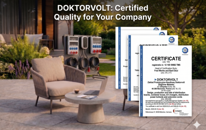 Promotional banner with the heading "DOKTORVOLT: Certified Quality for Your Company". On the left, a modern patio features an armchair, a concrete coffee table with a laptop, and a display stand showcasing electrical distribution boards and EV chargers. On the right, three overlapping copies of an official English TÜV SÜD certificate are displayed, highlighting the company's ISO 9001:2015 quality management compliance.