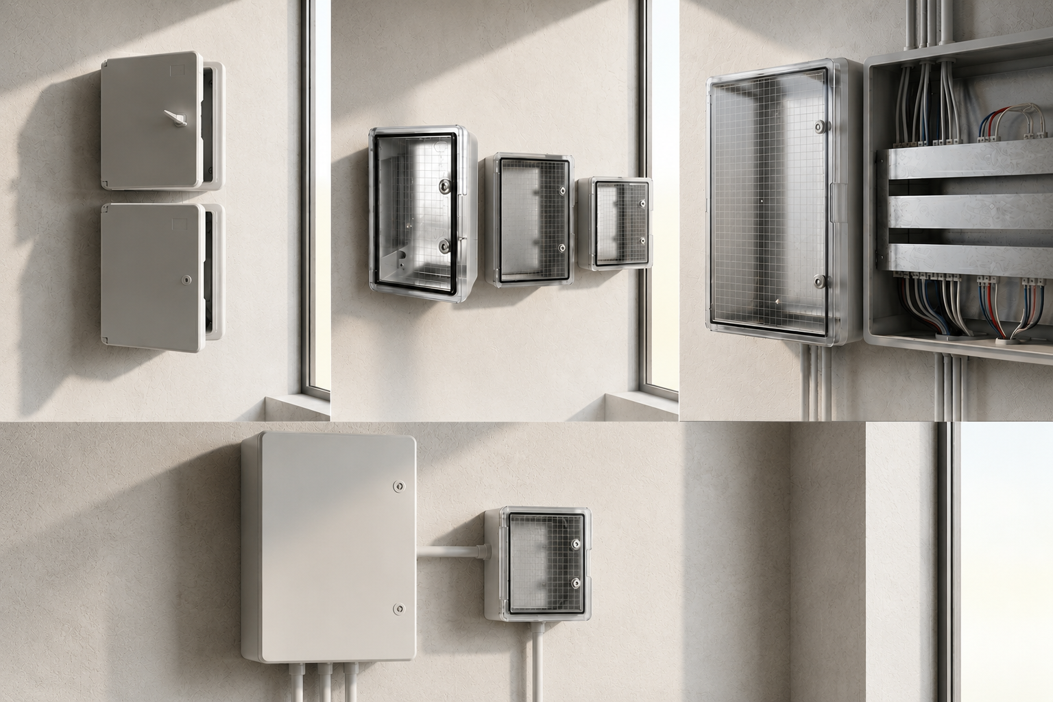 Modern surface-mounted and weatherproof electrical enclosures made of plastic and polycarbonate, including models with transparent doors, displayed against a bright, minimalist background.