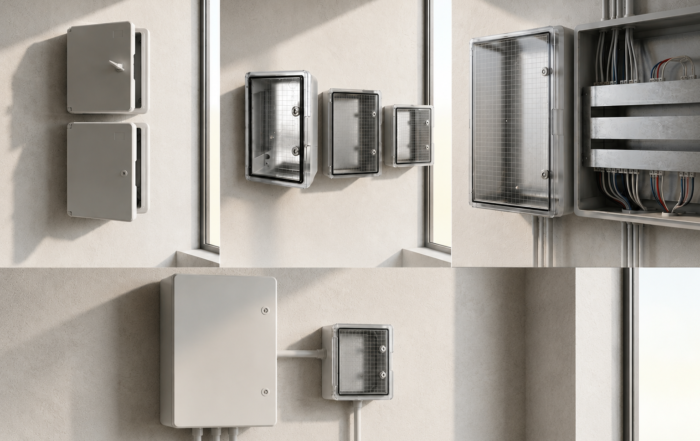 Moderne Aufputz- und Industriegehäuse aus Kunststoff und Polycarbonat, darunter Modelle mit transparenten Türen, präsentiert vor einem hellen, minimalistischen Hintergrund.