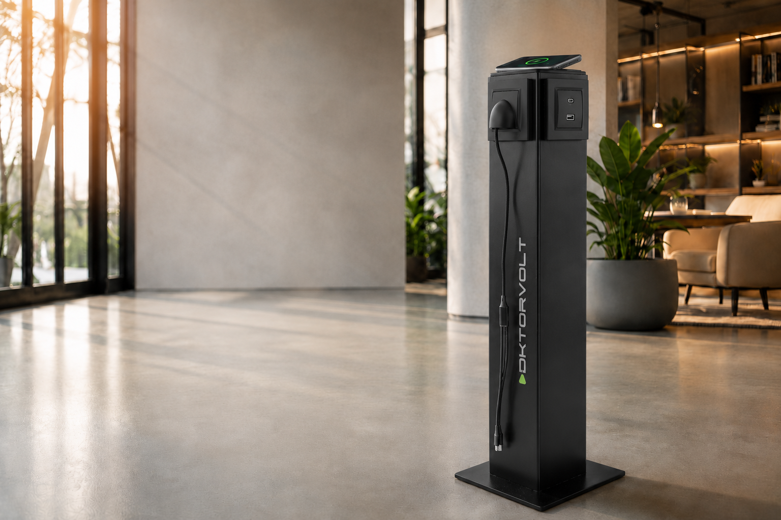 Czarny słupek do ładowania smartfonów Doktorvolt® DV-6463-USB z telefonem ładowanym indukcyjnie na górnym panelu, portami USB i przewodem Multi USB.