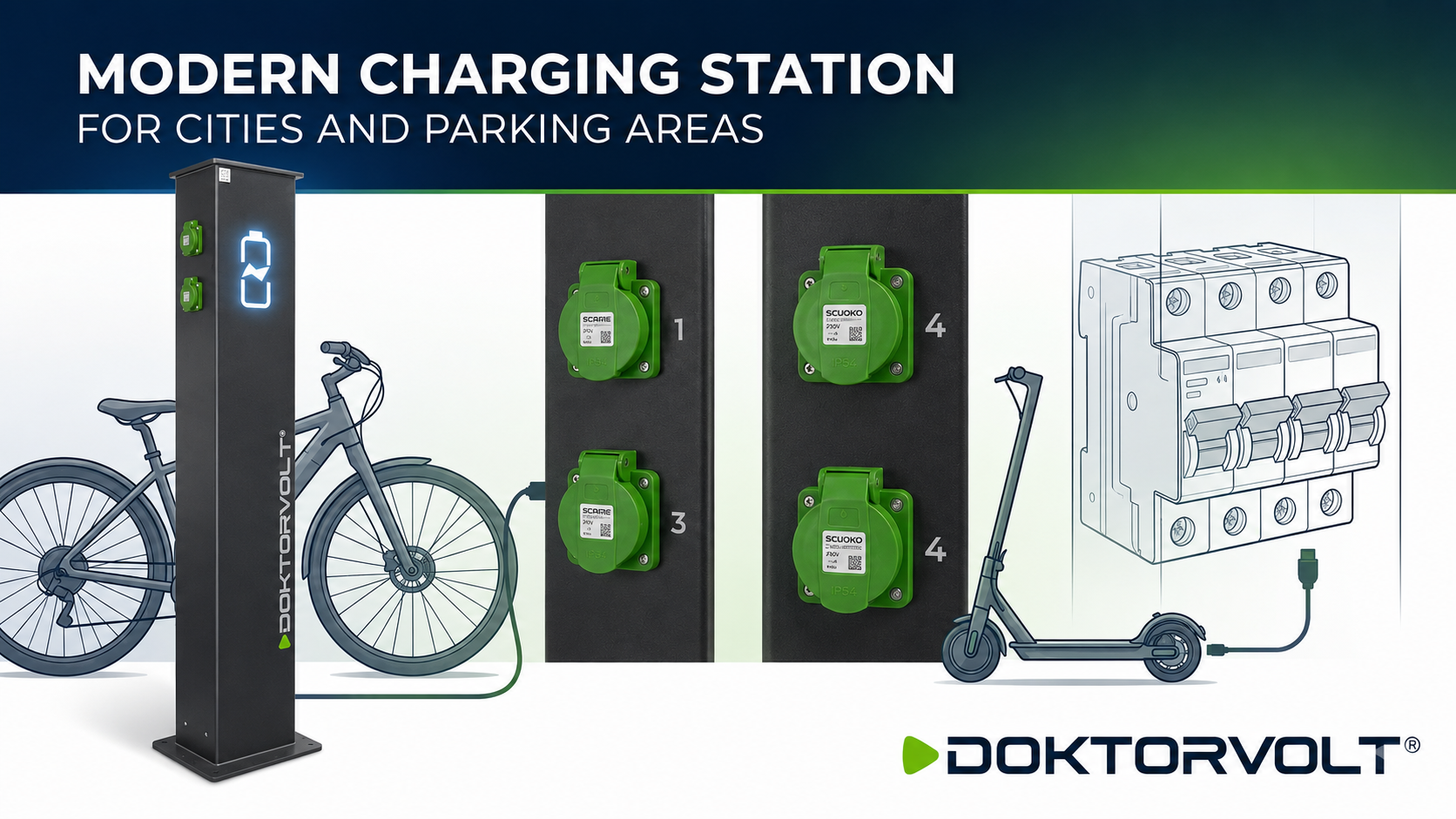 Doktorvolt® charging station for electric bikes and e-scooters featuring four SCHUKO 230V IP54 outlets, an illuminated charging icon, independent RCBO protection for each socket, and a modern freestanding design for public spaces, parking areas, and urban environments.