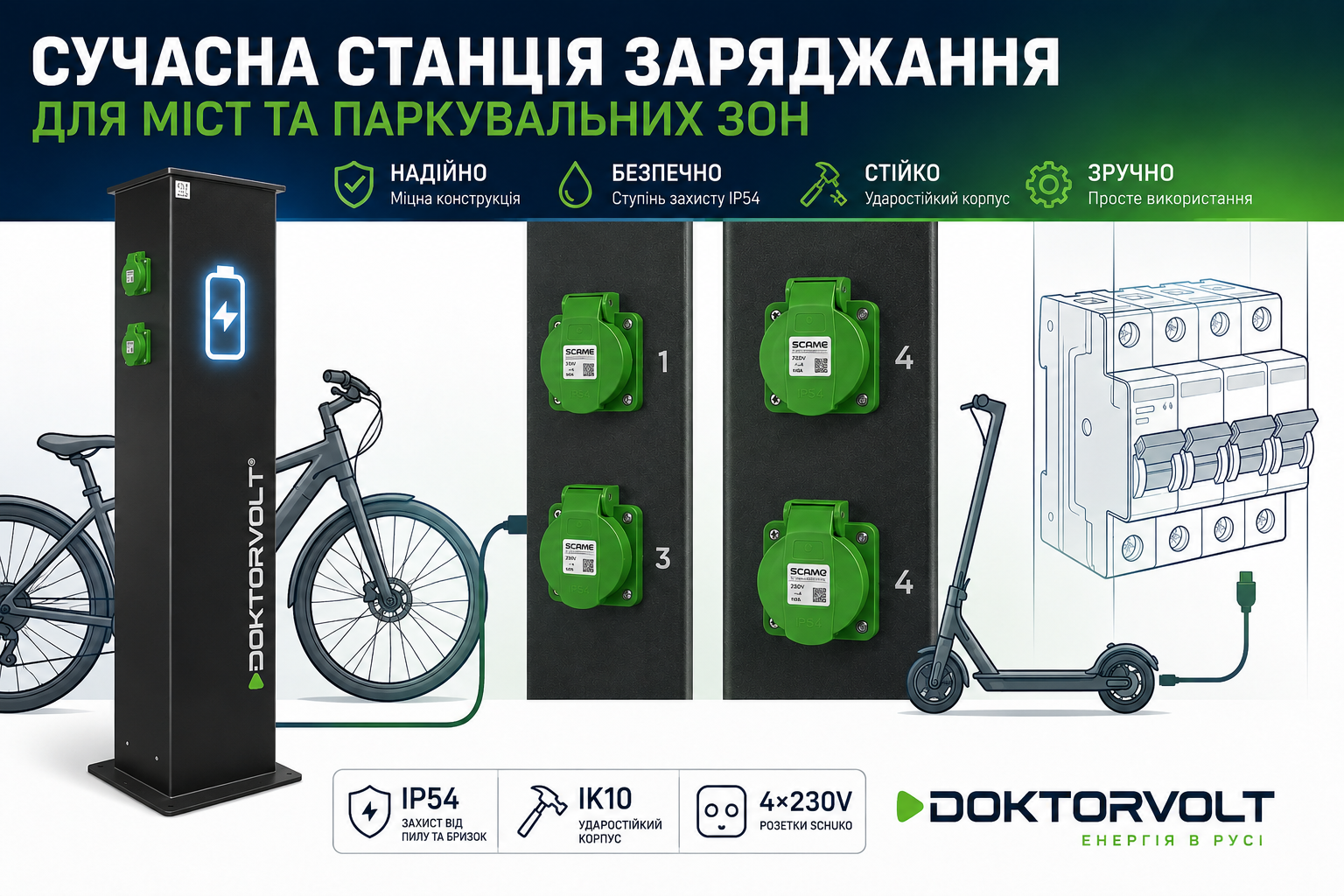 Зарядна станція Doktorvolt® для електровелосипедів і електросамокатів із чотирма розетками SCHUKO 230V IP54, світлодіодною іконкою заряджання та незалежним захистом RCBO для кожної розетки. Рішення для міської інфраструктури, паркінгів і громадських просторів.